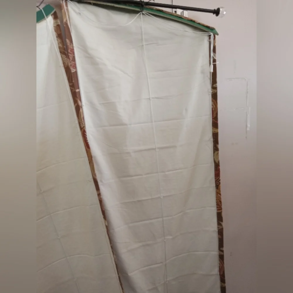 Unique French Art Curtains Oval/ Arch Cut, Tassels, Drawstring Attached to wood